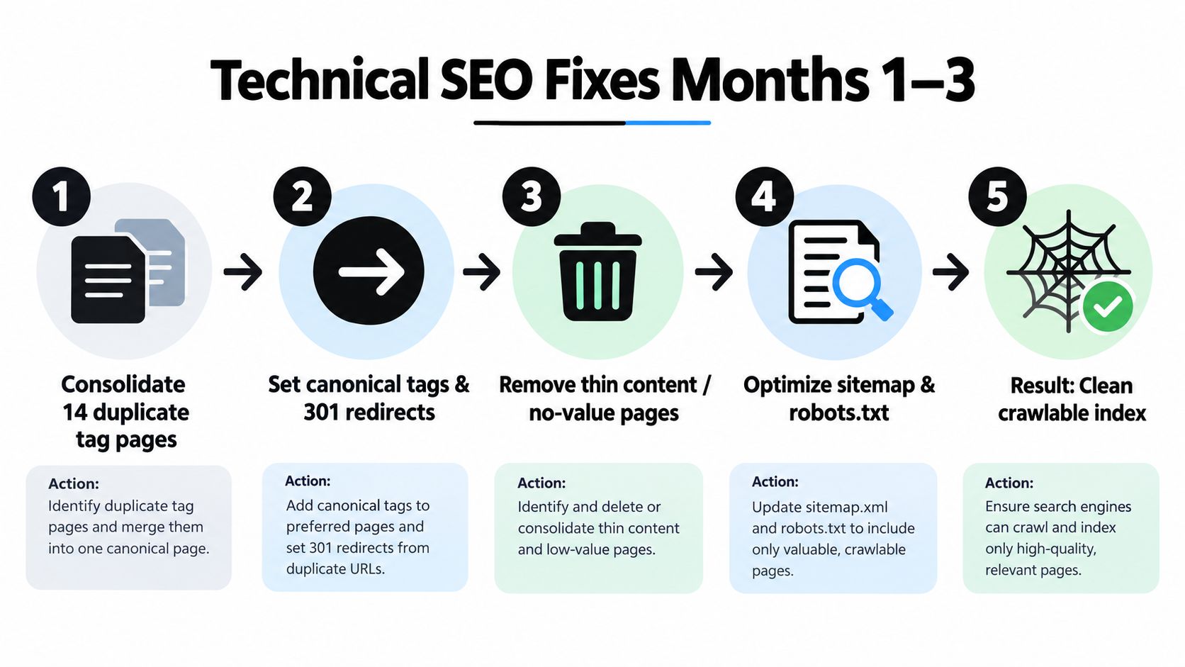 A five-step infographic showing technical SEO fixes for duplicate content, redirects, thin pages, and indexing optimization.