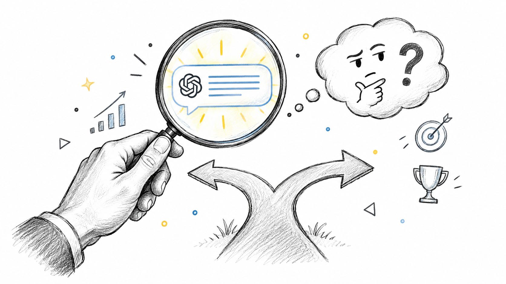 A hand holding a magnifying glass over an AI speech bubble with business symbols and paths ahead.