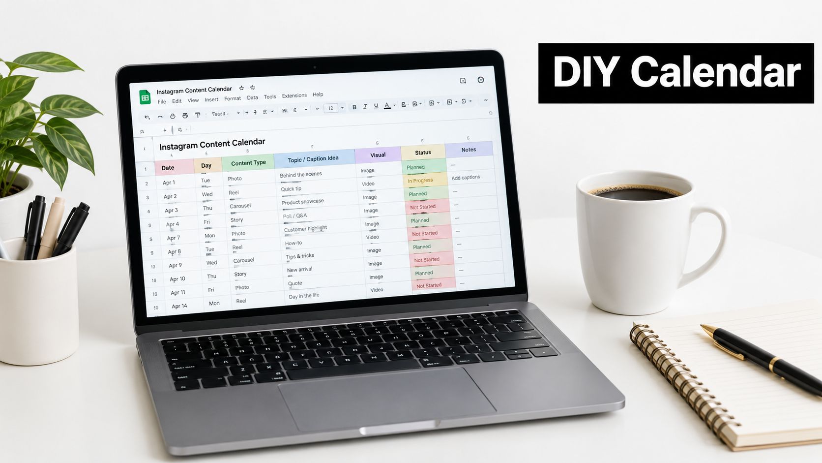 A laptop on a desk showing an Instagram content calendar spreadsheet next to a coffee mug.