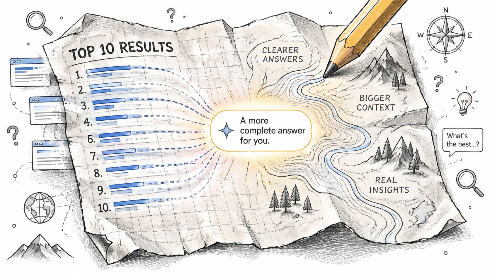 A hand-drawn illustration showing search results being synthesized into a complete answer on a map.