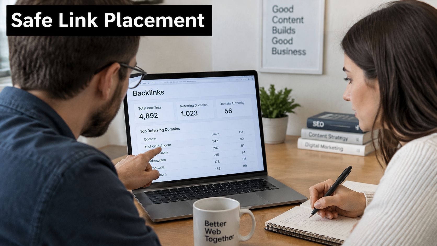 A professional digital marketing team analyzing website backlink data on a laptop screen for content strategy planning.