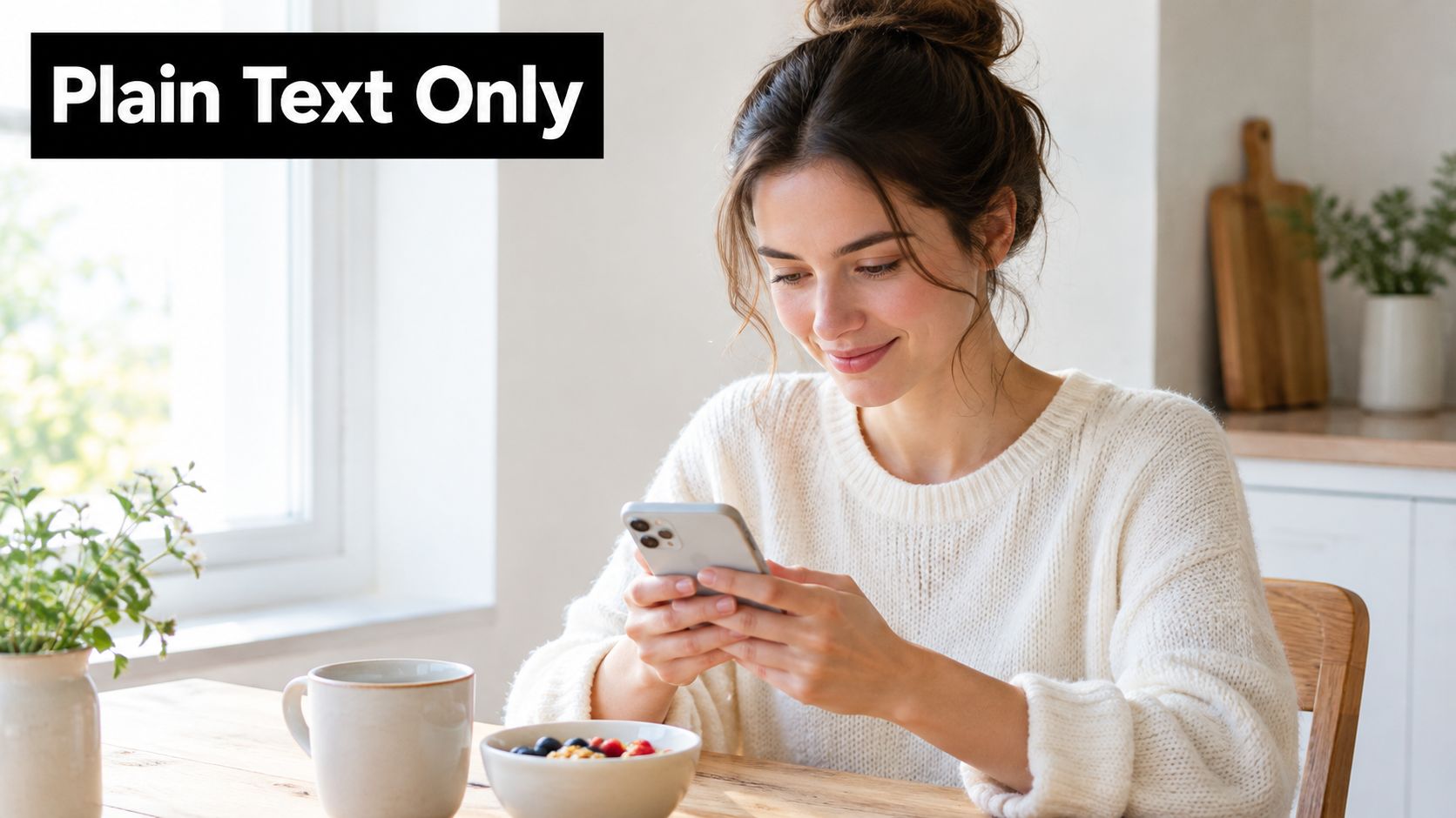 A woman in a cozy sweater smiling while checking her smartphone at a table during breakfast.