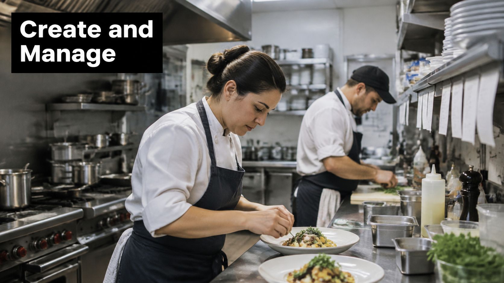 A female chef carefully garnishes a prepared dish in a busy professional restaurant kitchen setting.