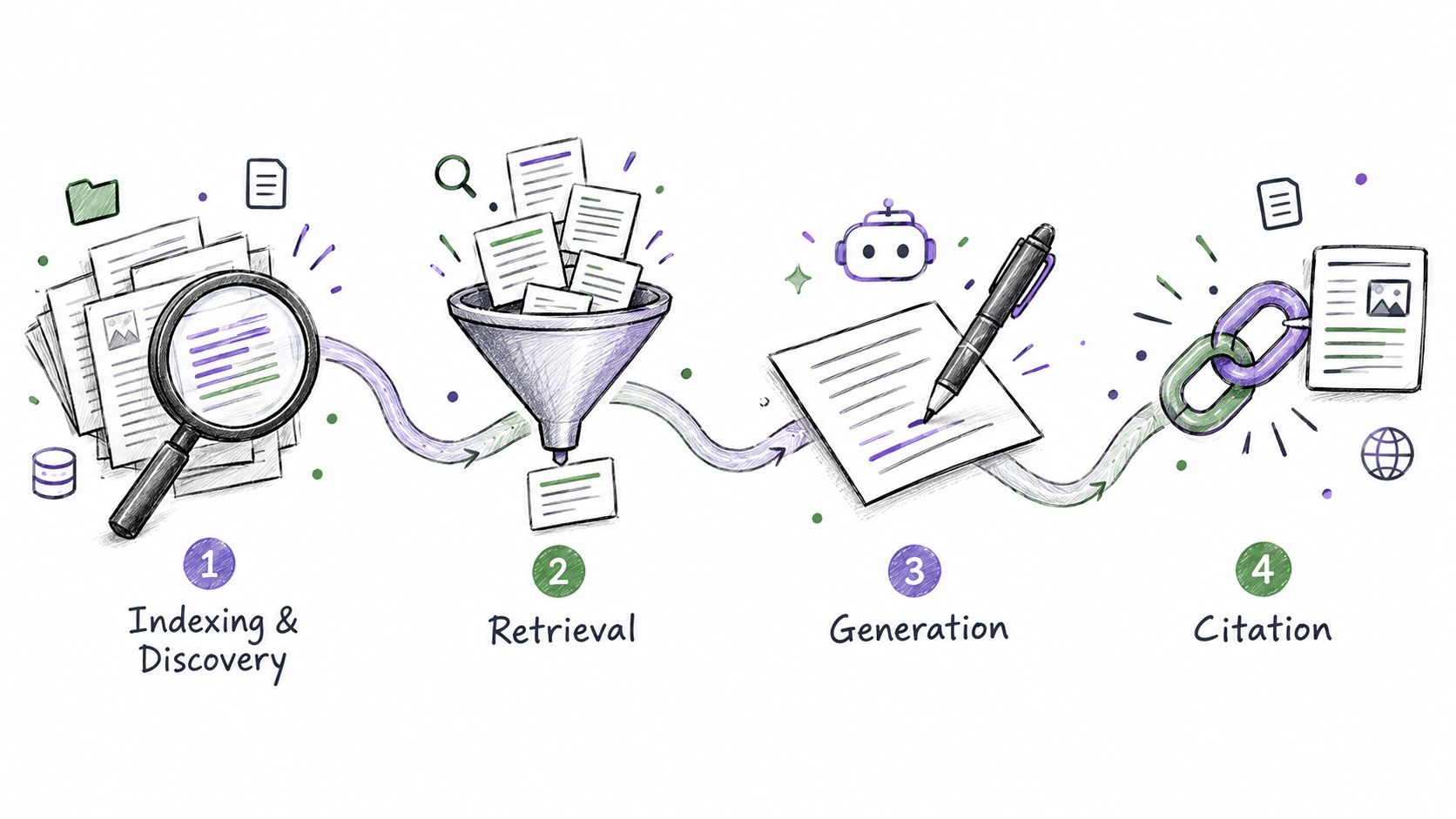 A hand-drawn illustration showing the four stages of RAG: Indexing, Retrieval, Generation, and Citation.