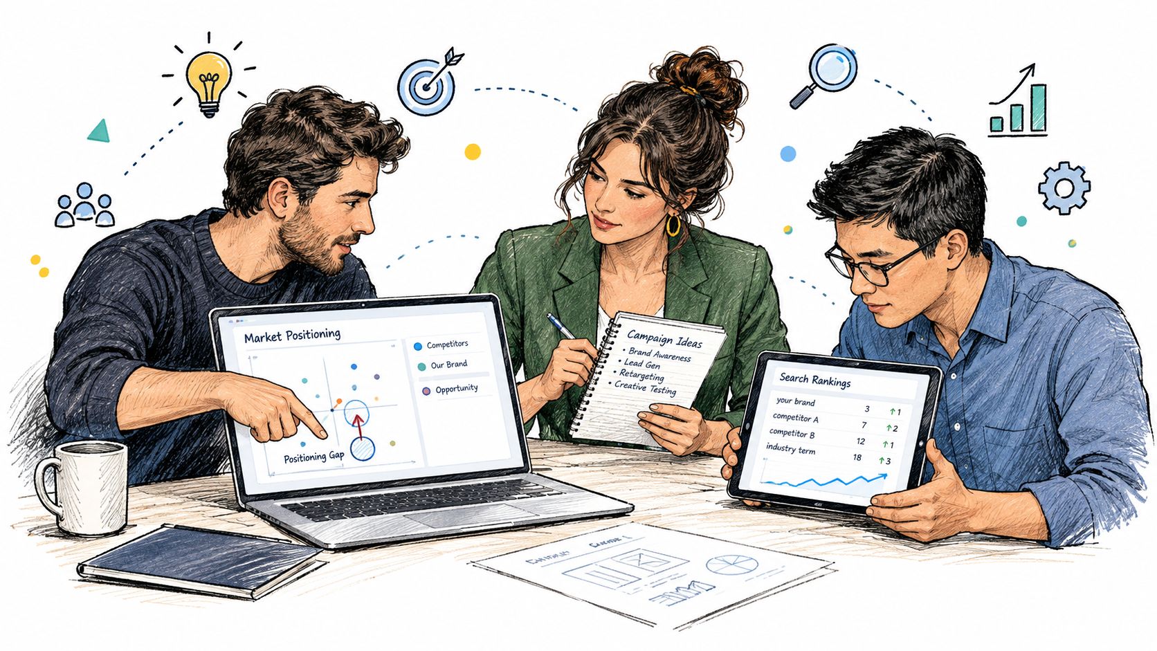 A professional team collaborating on a digital marketing strategy using laptop and tablet data analytics dashboards.