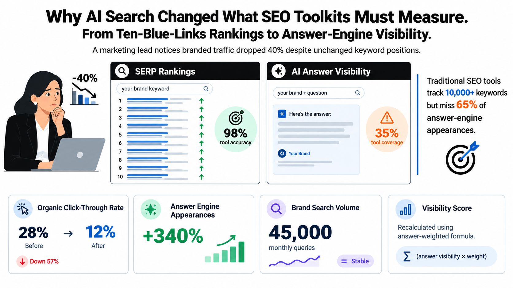 An infographic illustrating how AI search changes SEO measurement requirements, transitioning from traditional ranking to answer-engine visibility.