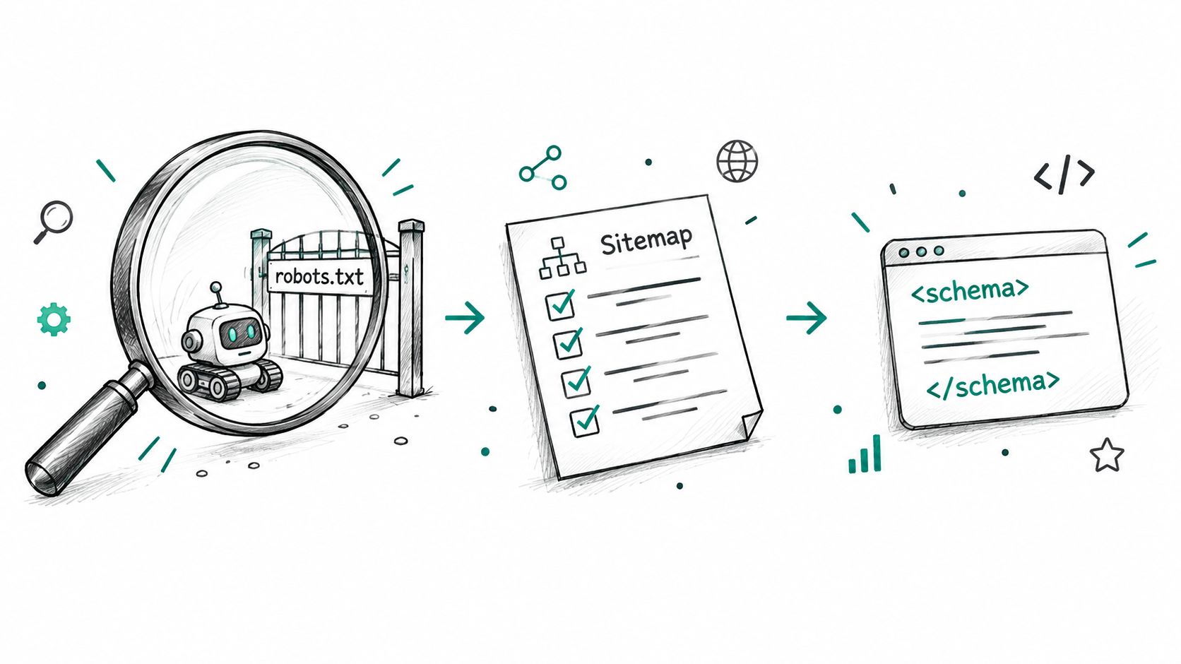An illustration showing a robot behind a robots.txt gate, a sitemap document, and code representing schema markup.