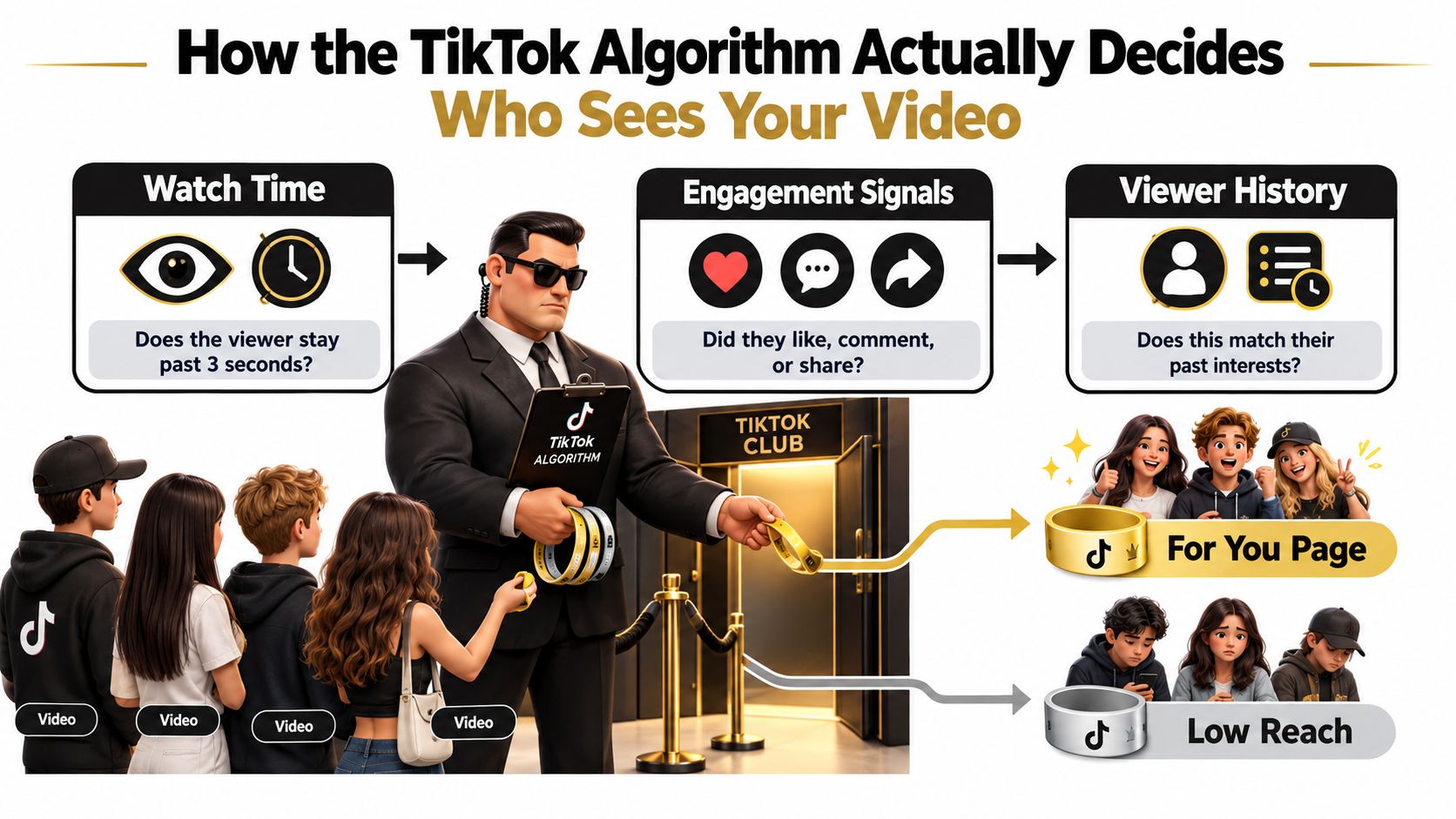 An infographic illustrating how the TikTok algorithm uses watch time, engagement, and viewer history to distribute videos.