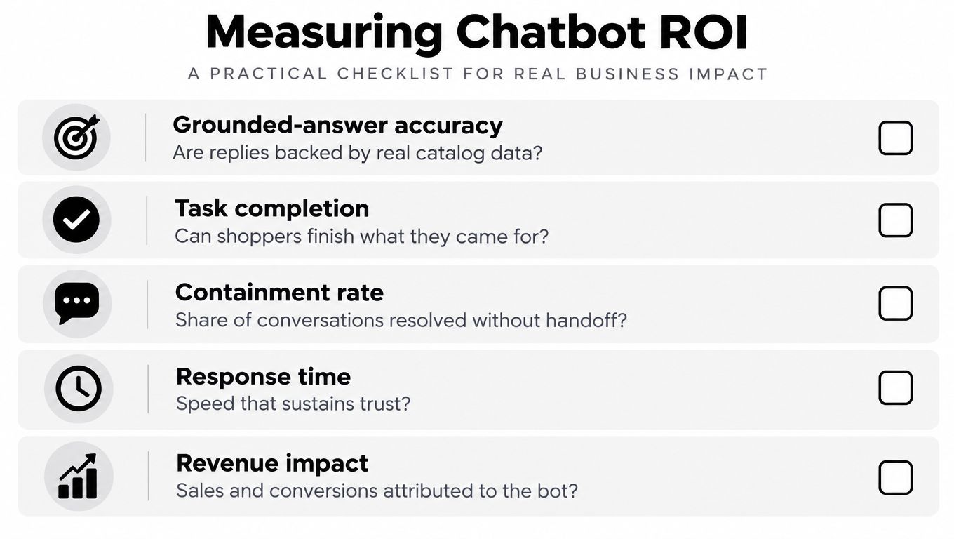 A practical checklist for measuring chatbot return on investment including accuracy, task completion, and revenue impact.