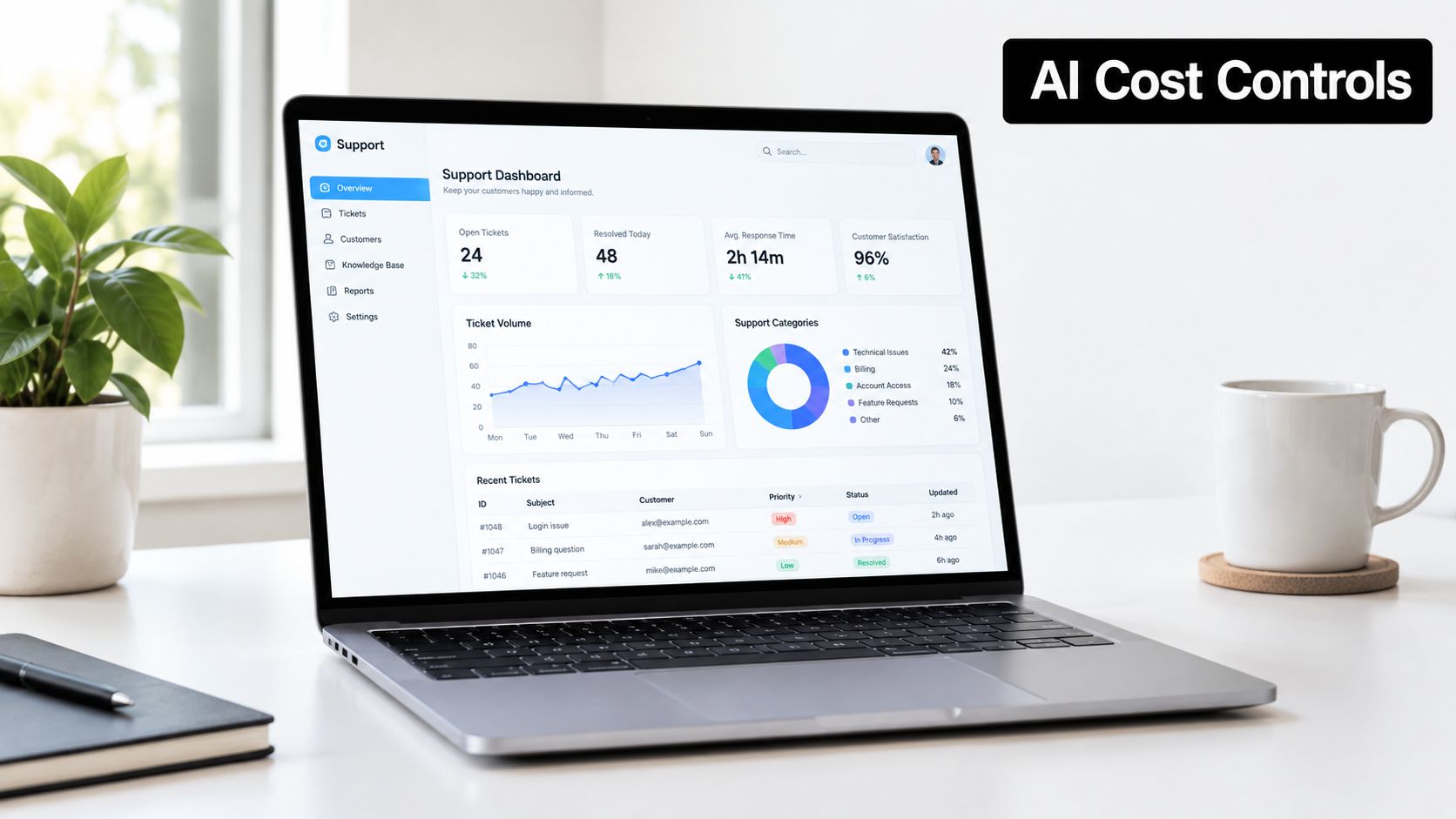 A modern laptop on a desk displaying a customer support dashboard with analytics and ticket metrics.