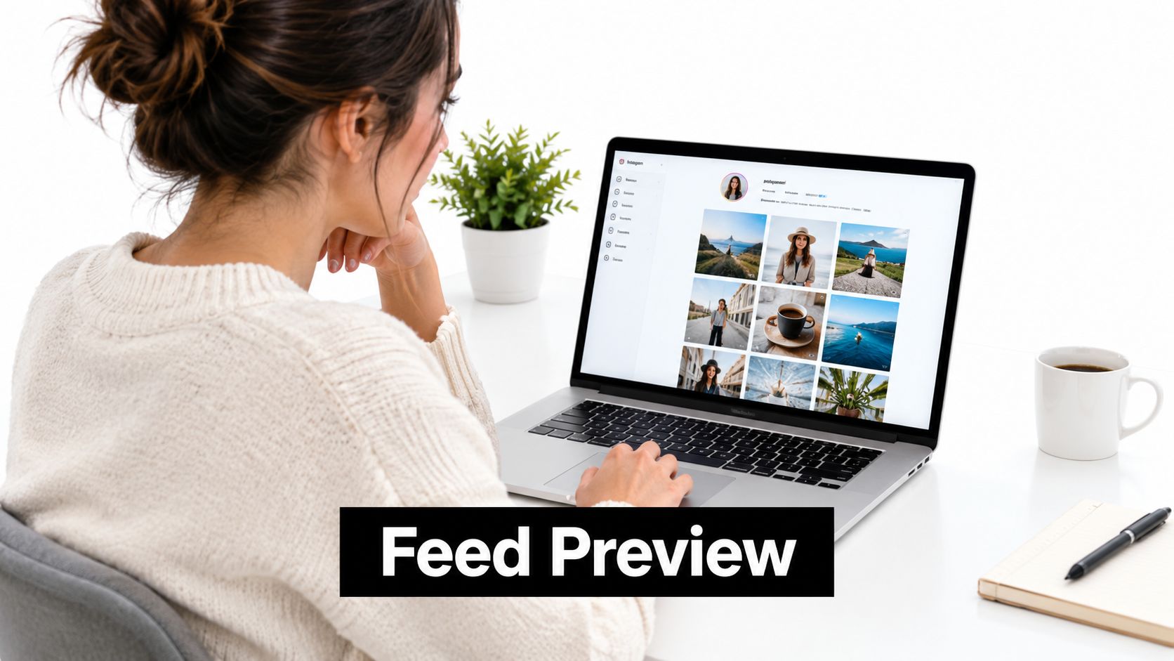 A young woman viewing her Instagram feed preview on a laptop computer while sitting at a desk.