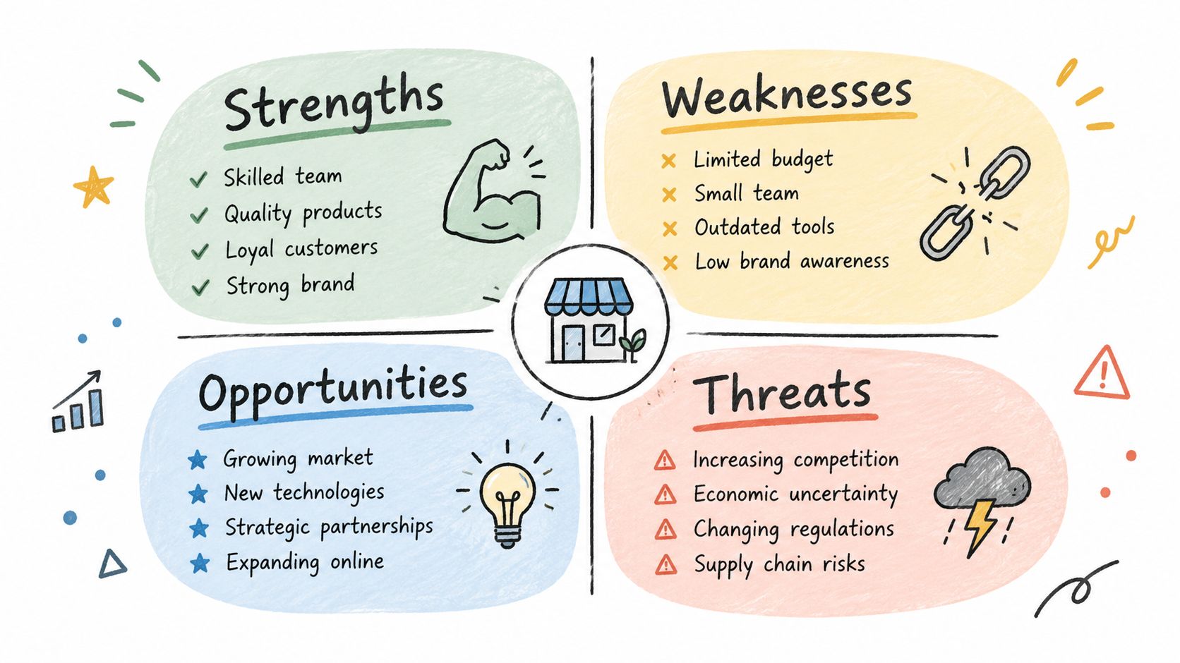 A hand-drawn SWOT analysis chart illustrating strengths, weaknesses, opportunities, and threats for a business strategy.