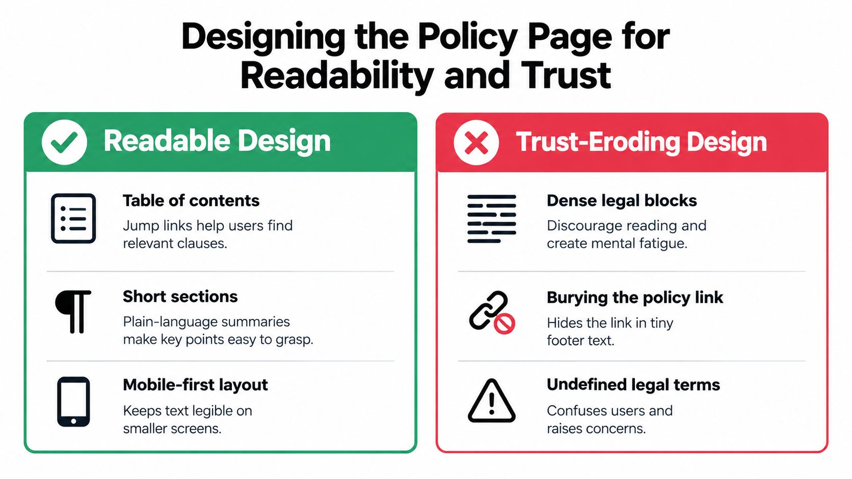 A comparison chart showing good readable design practices versus bad trust-eroding practices for legal policy pages.