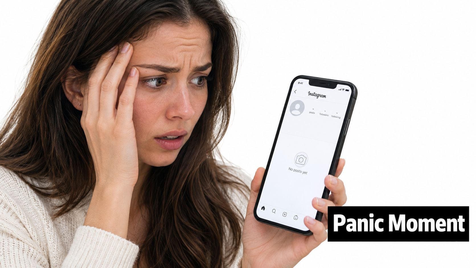 A concerned woman looking at her smartphone screen showing an empty Instagram profile with no posts yet.