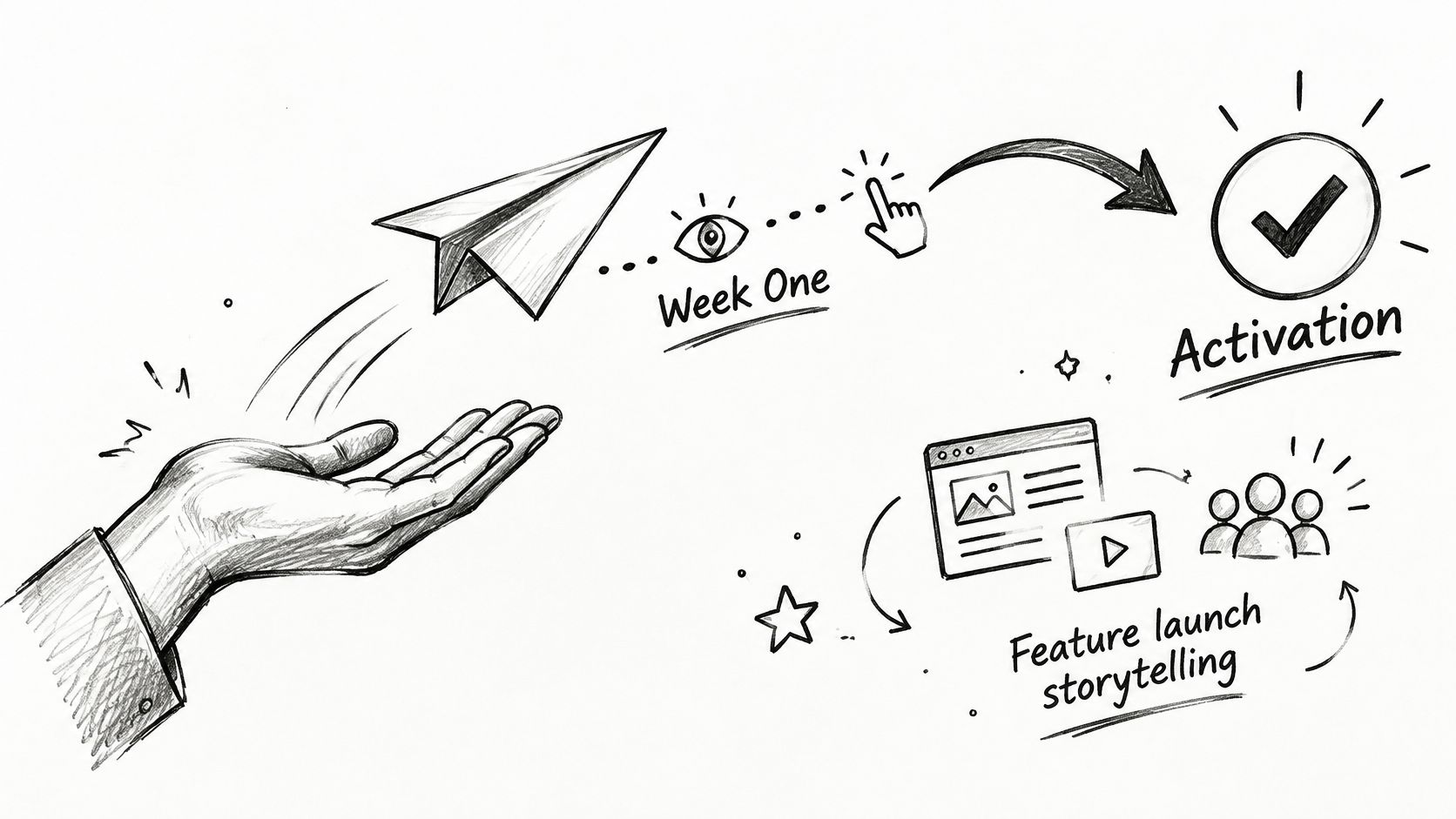 A hand launching a paper airplane towards an activation goal with storytelling icons on a white background.