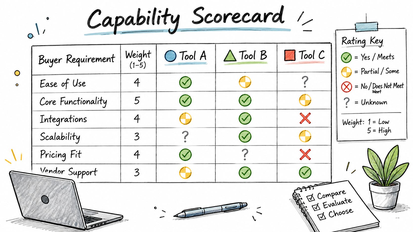 A hand-drawn capability scorecard comparing three different software tools across various buyer requirements and weighted criteria.