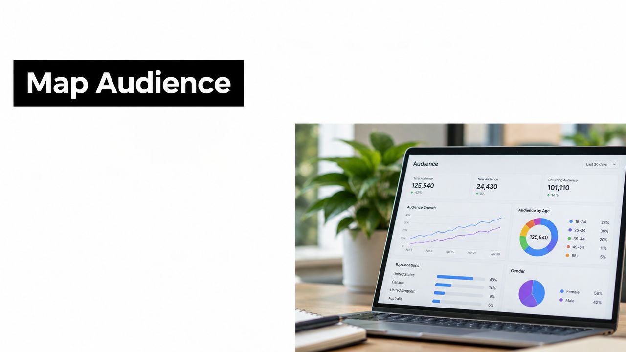 A laptop on a desk displaying an audience analytics dashboard with graphs and charts for marketing insights.