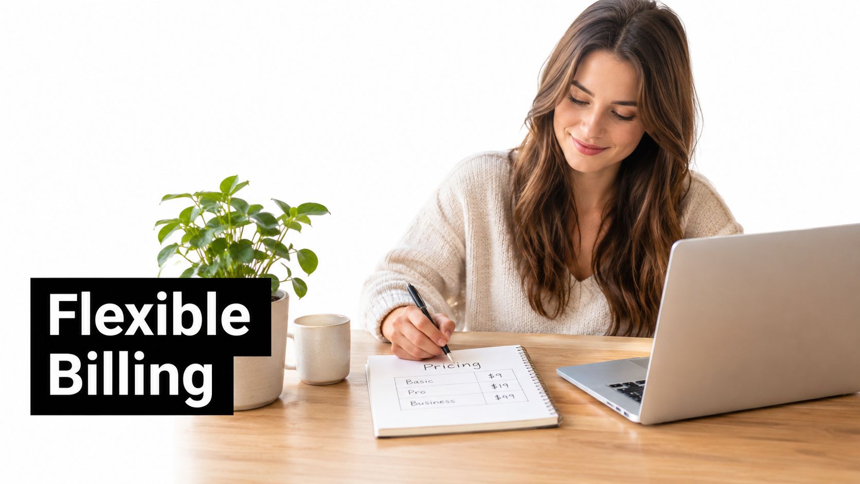 A woman smiling while writing pricing tiers for a business plan on a notepad at her desk.