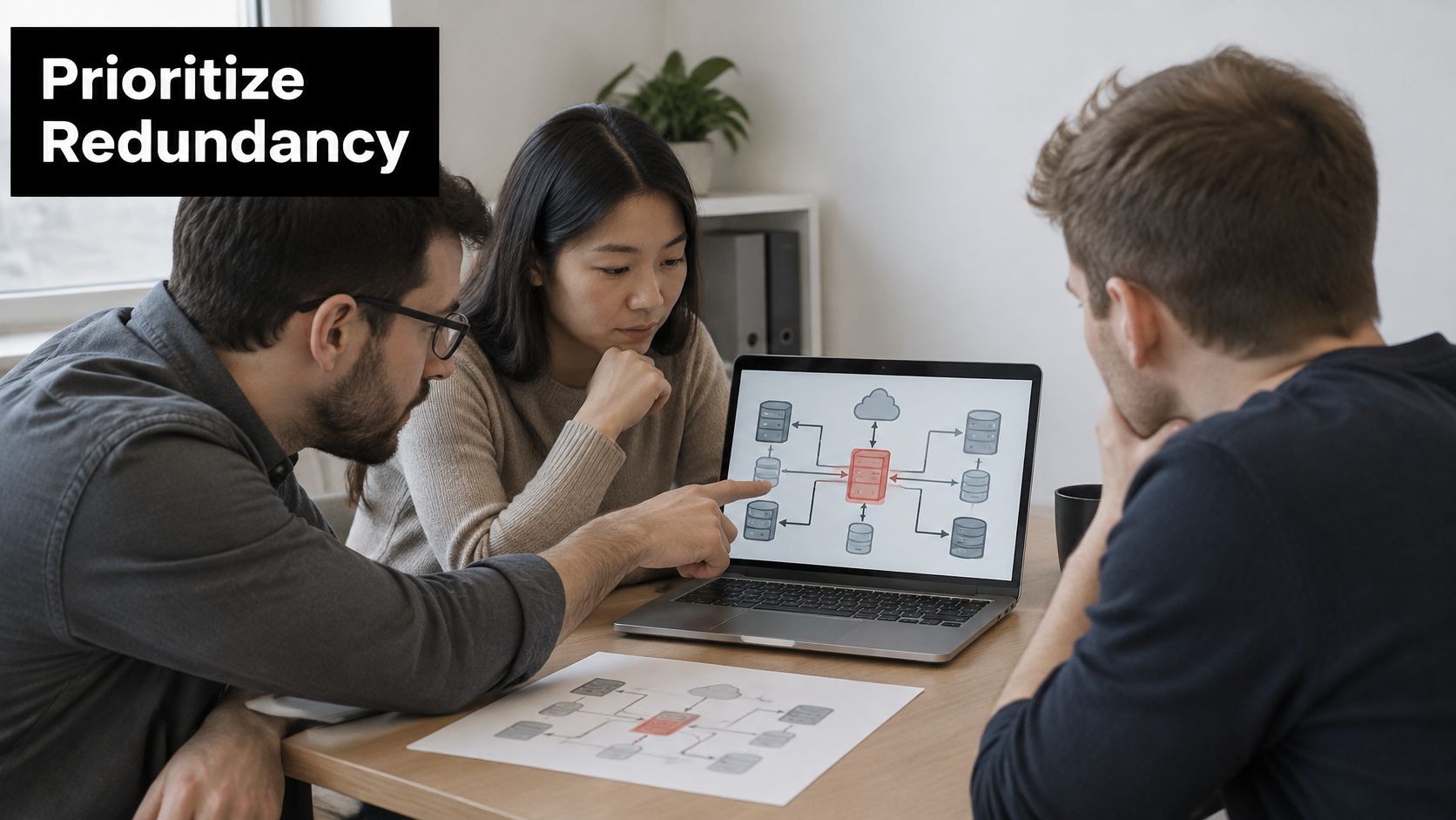 A professional team discussing network infrastructure design and redundancy strategies on a laptop and paper document.