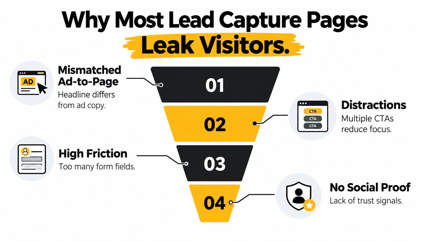 A marketing funnel infographic highlighting four common reasons why lead capture landing pages lose potential customers.