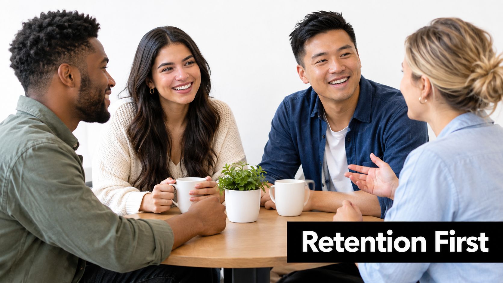 A diverse group of four colleagues smiling while having a collaborative conversation around a small cafe table.