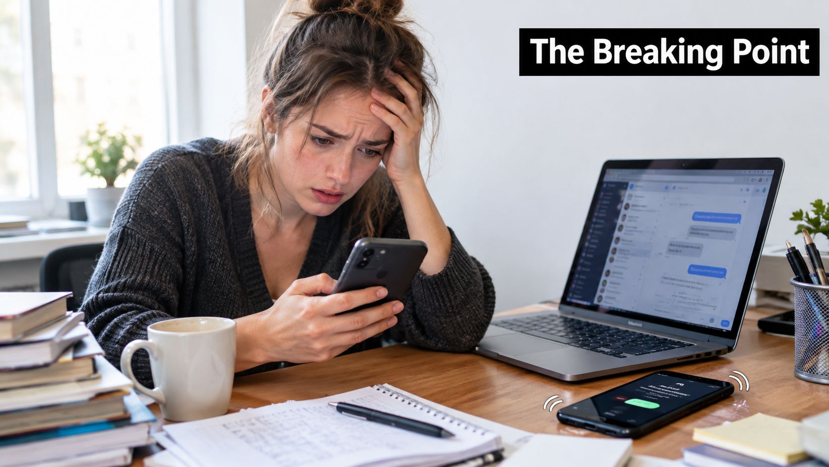 A stressed woman sits at her desk, looking overwhelmed while using her phone near a laptop.