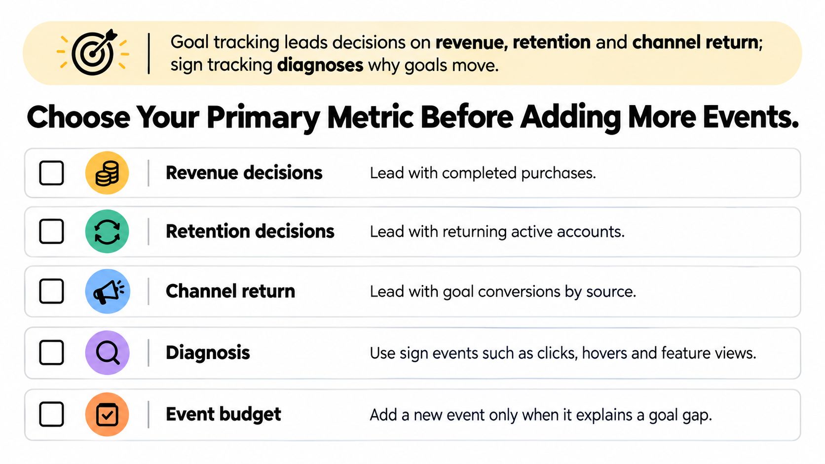 A strategic guide highlighting the importance of choosing primary metrics before adding new tracking events.