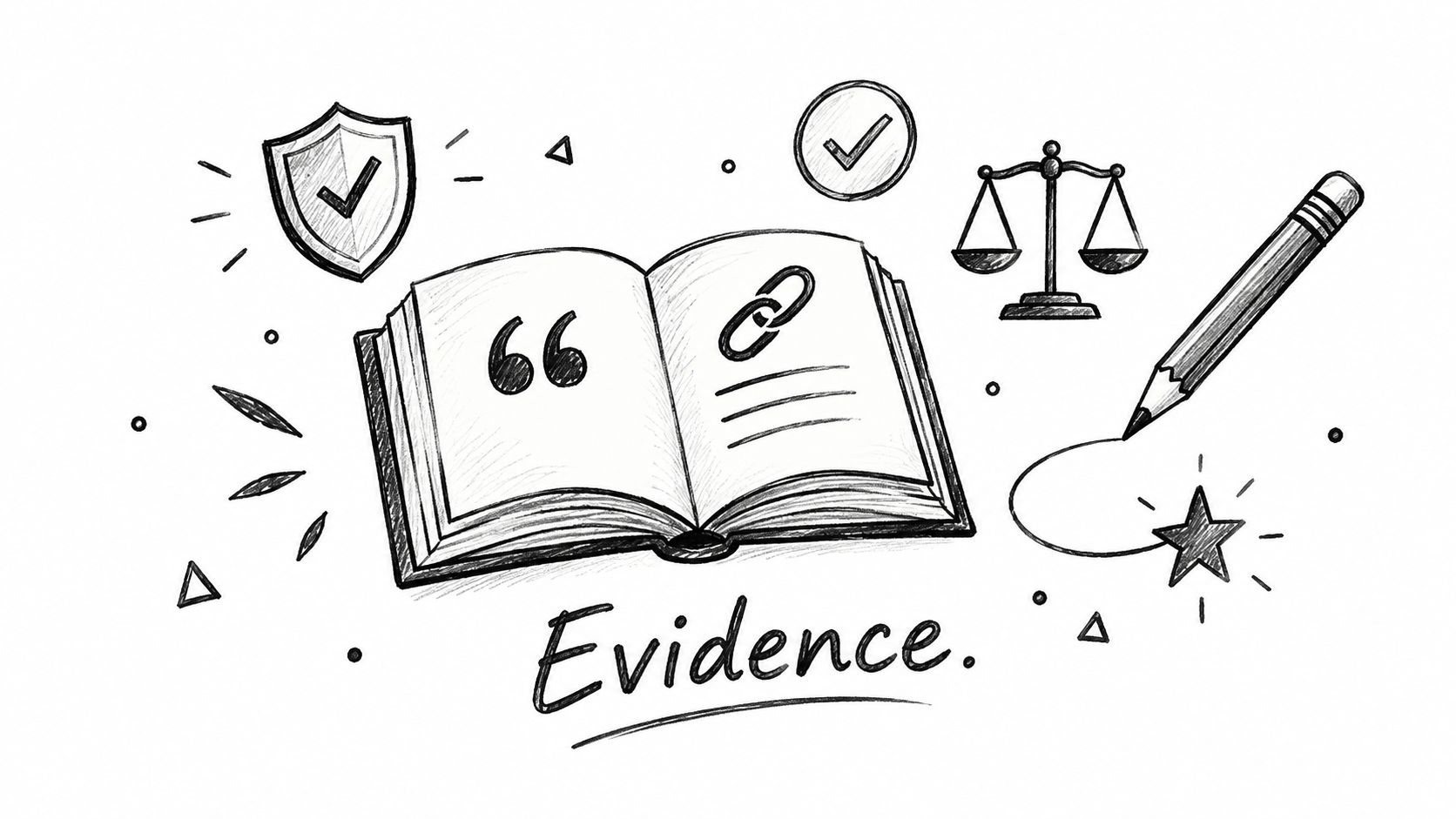A pencil-style illustration showing an open book with quotation marks and a chain link symbol representing evidence.