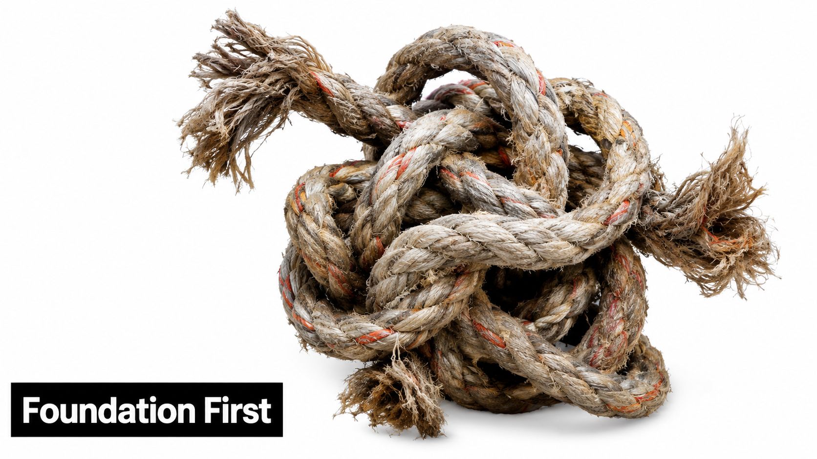 A tangled thick brown rope with frayed ends against a clean white background, symbolizing complex challenges.