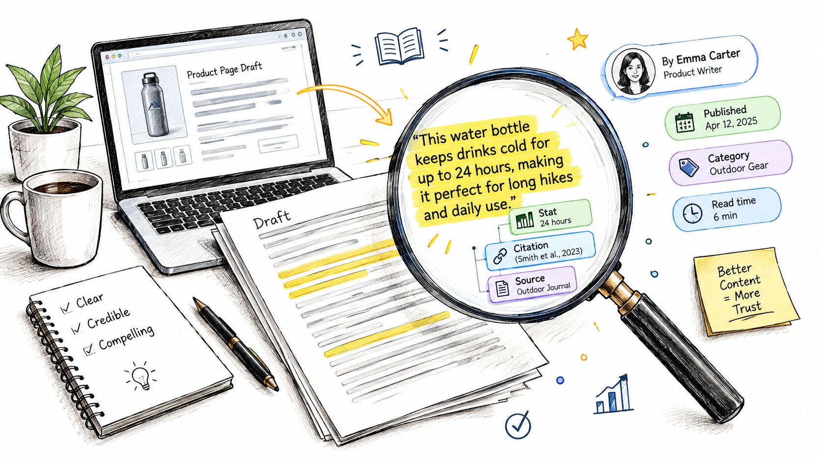 A magnifying glass inspecting a product content draft, highlighting the importance of facts, citations, and trust-building in SEO.