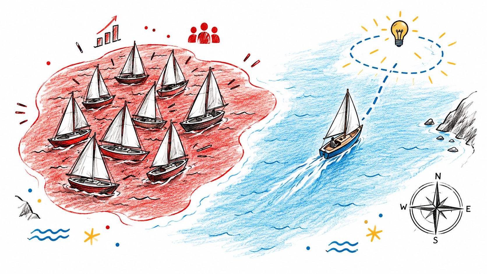 A pencil sketch shows a single boat leaving a crowded red sea to explore new blue waters.