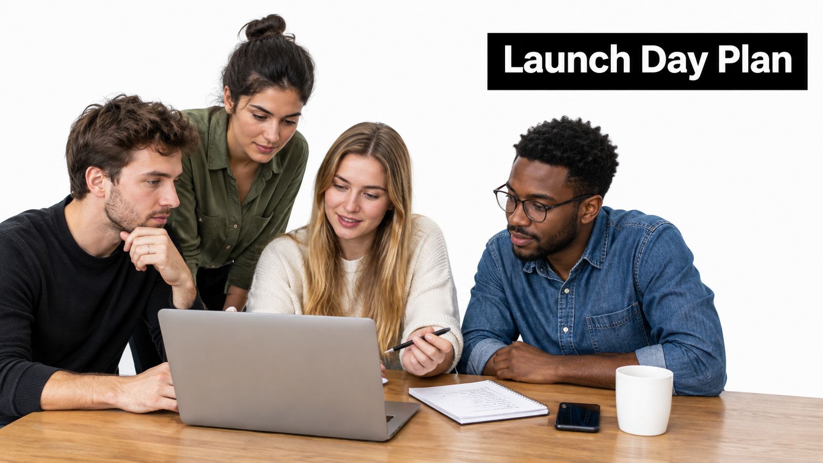 A diverse group of four young professionals collaborating on a startup launch plan using a laptop.