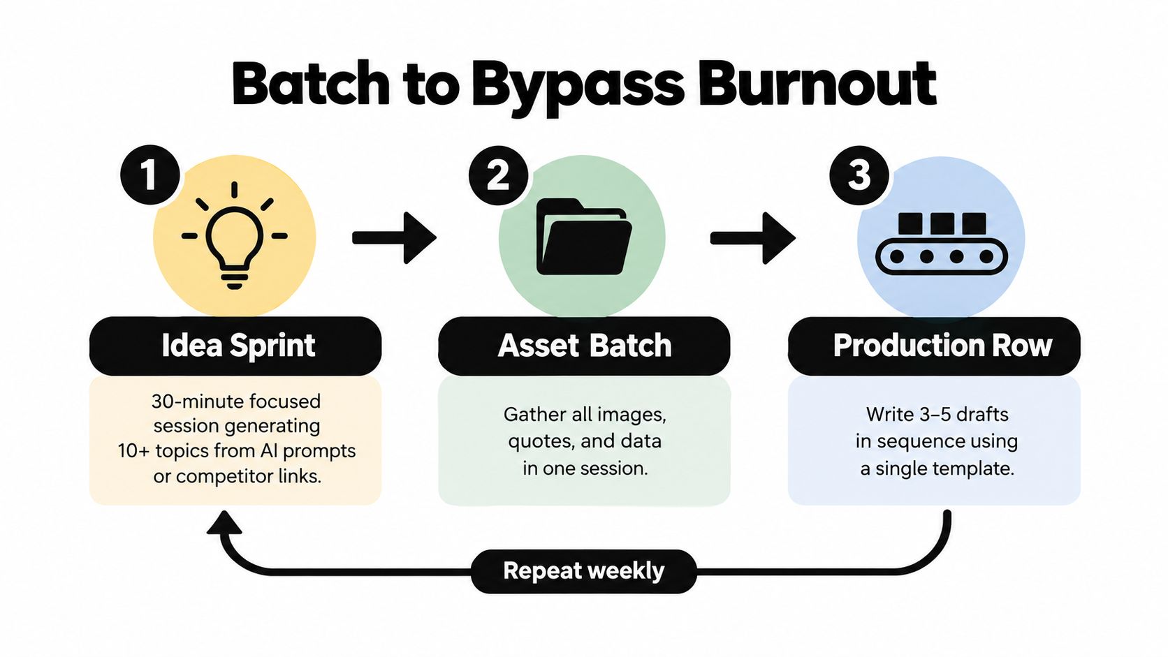 A diagram illustrating a three-step content creation workflow to bypass burnout through idea generation, asset batching, and production.