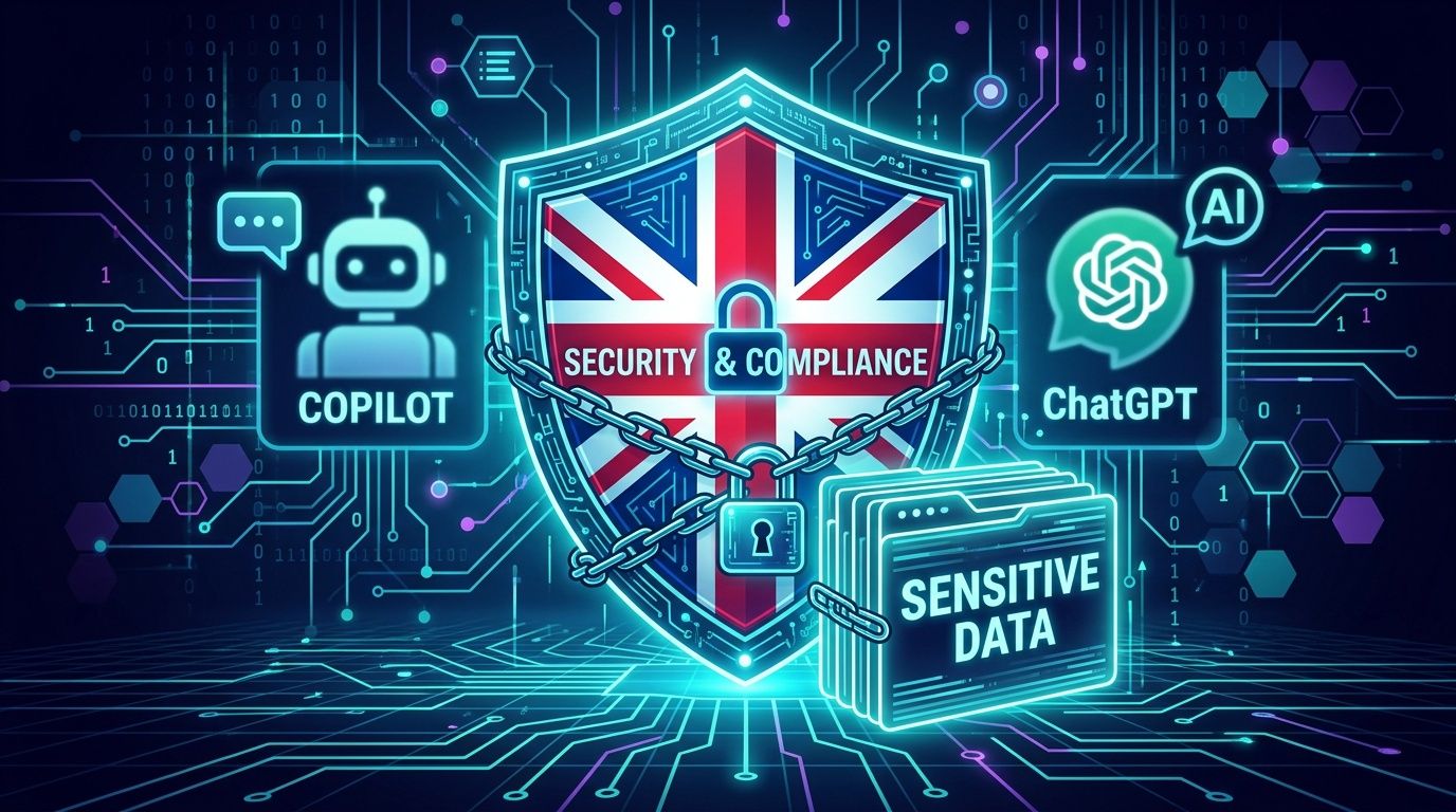 A digital illustration showing a shield with a British flag and security padlock between Copilot and ChatGPT icons.