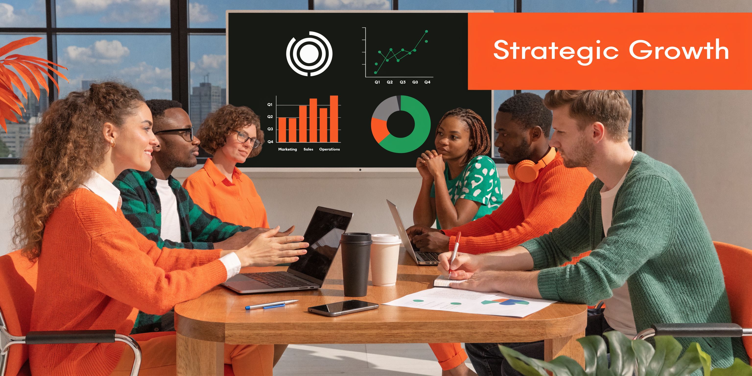 A diverse group of professional colleagues collaborating on strategic growth during a business meeting in an office.