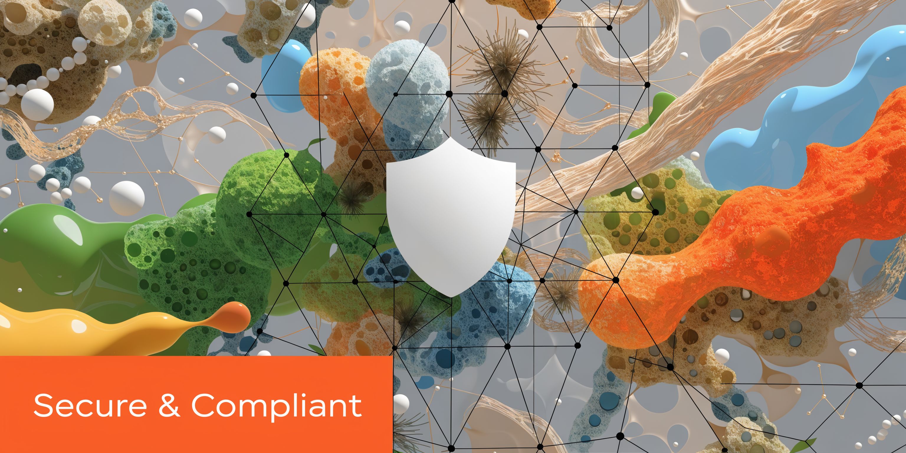 A conceptual digital illustration featuring a white shield icon layered over abstract colorful organic shapes and interconnected nodes.