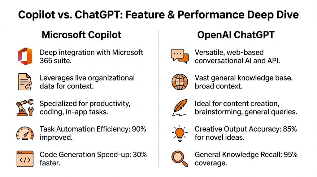 A comparison chart outlining the key features and performance metrics for Microsoft Copilot versus OpenAI ChatGPT.