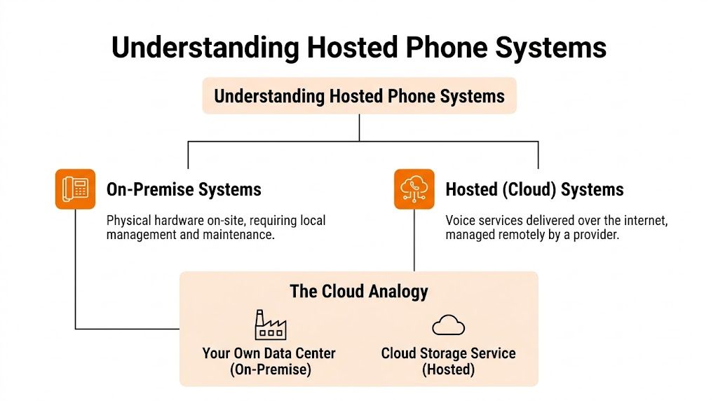 A diagram illustrating the differences between on-premise and hosted cloud-based phone systems using a simple analogy.