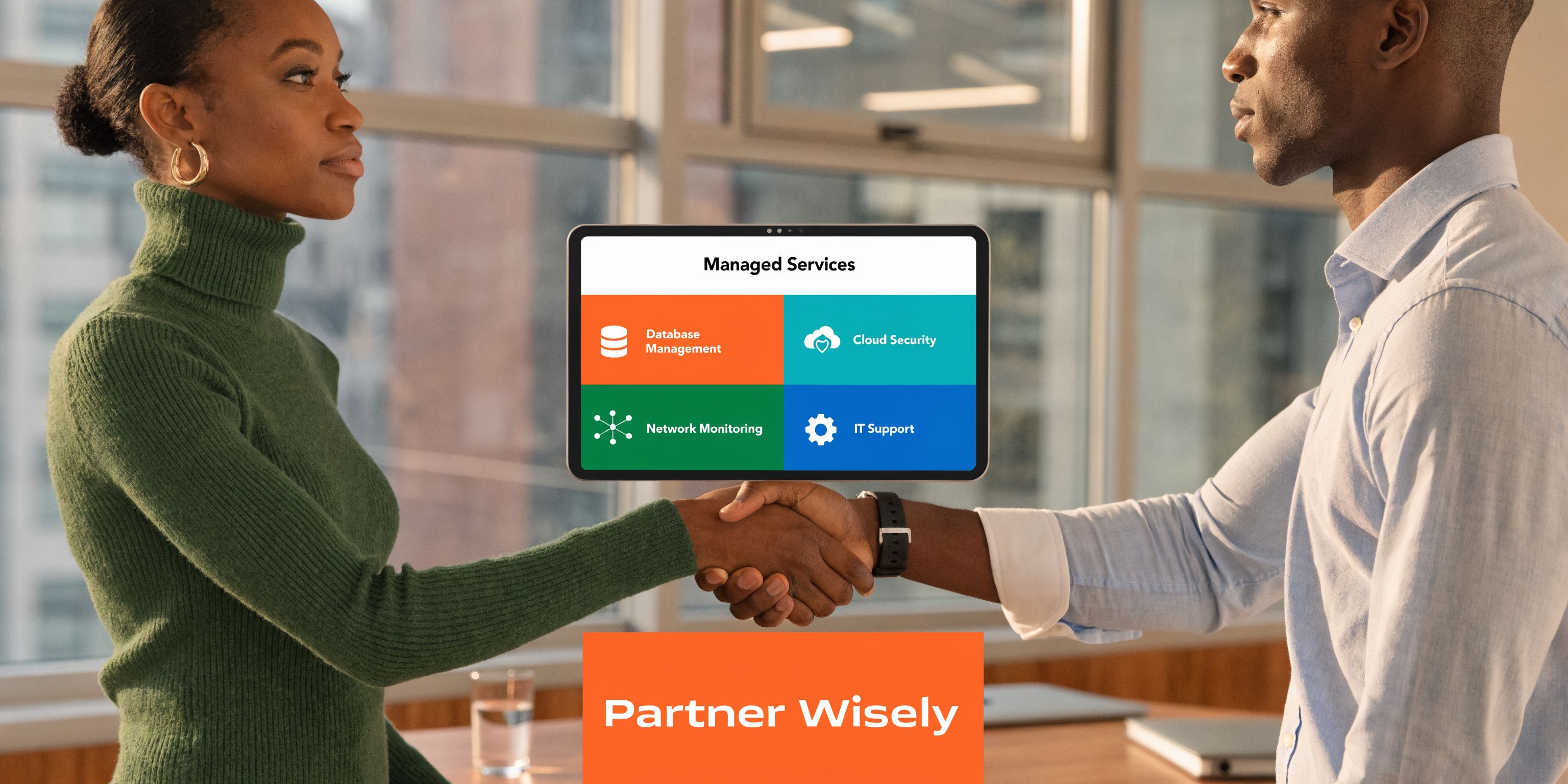 A professional man and woman shaking hands with a digital managed services business icon overlay between them.