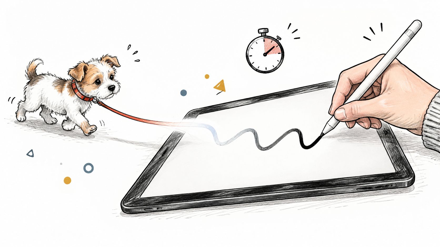 A hand drawing a wavy line on a tablet screen with a digital stylus, tethered to a puppy.