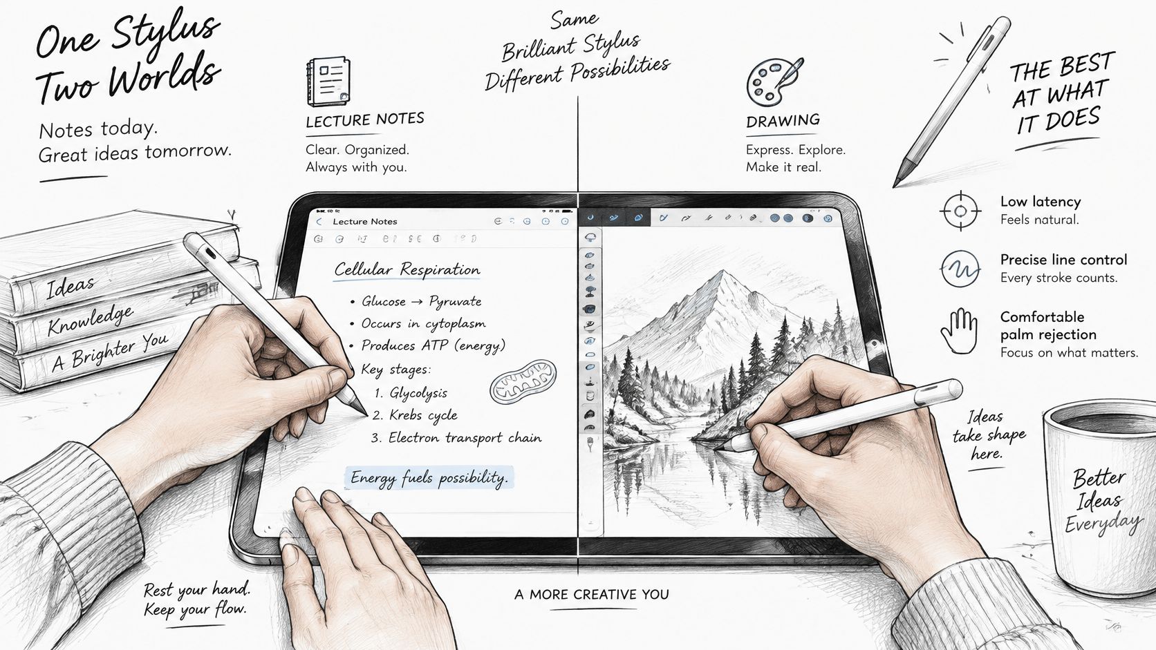 A digital stylus used on an iPad for taking educational notes and drawing beautiful landscape sketches.
