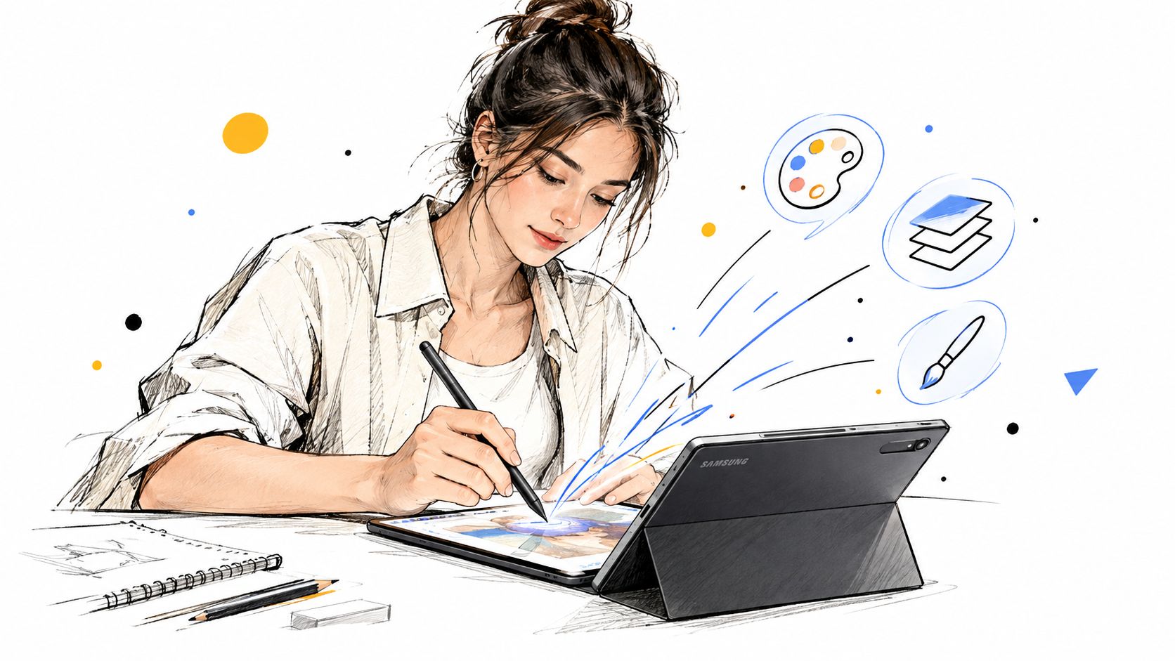 A young woman artist using a stylus pen on a Samsung tablet for digital drawing and creative design.