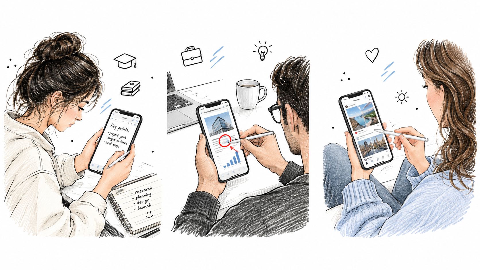 A digital illustration showing three different people using a stylus pen on their iPhones in various settings.