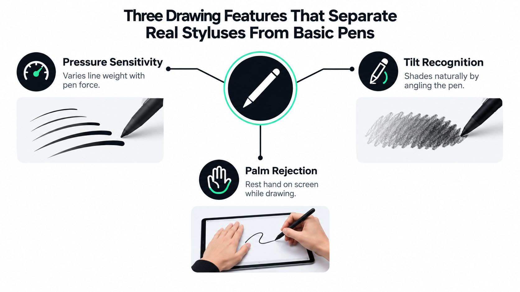 An infographic showing three main features that distinguish professional drawing styluses from standard pens, including pressure sensitivity, tilt recognition, and palm rejection.