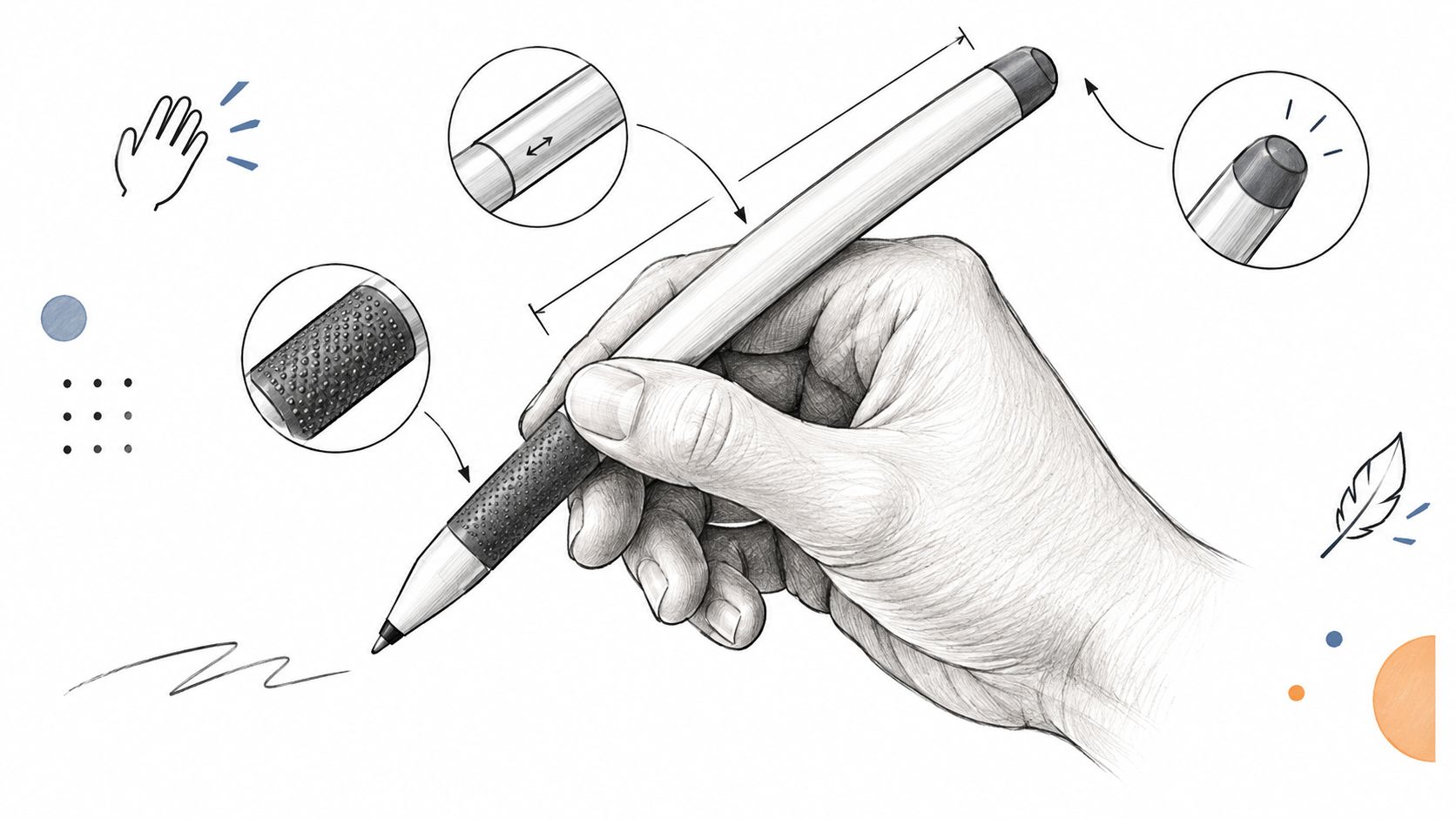 A pencil sketch of a hand holding a digital stylus, with enlarged detail views showing design features.