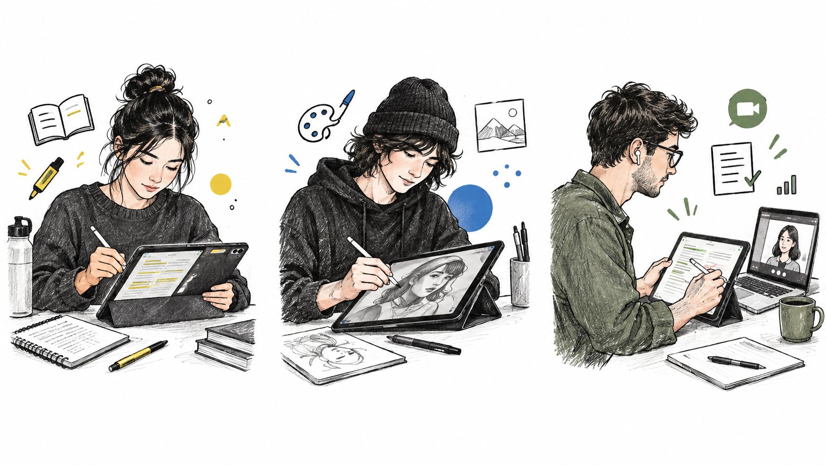 Three people using digital tablets and styluses to work, draw, and video conference at their desks.