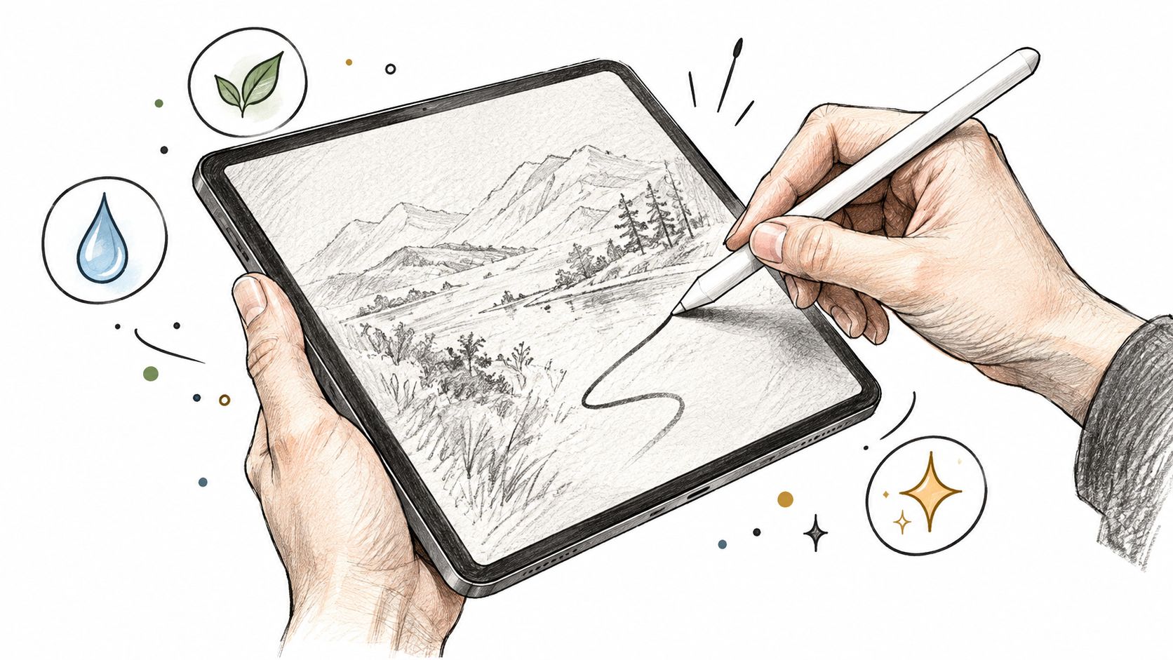 A hand-drawn illustration showing a person using an electronic stylus to sketch a mountain landscape on a tablet.