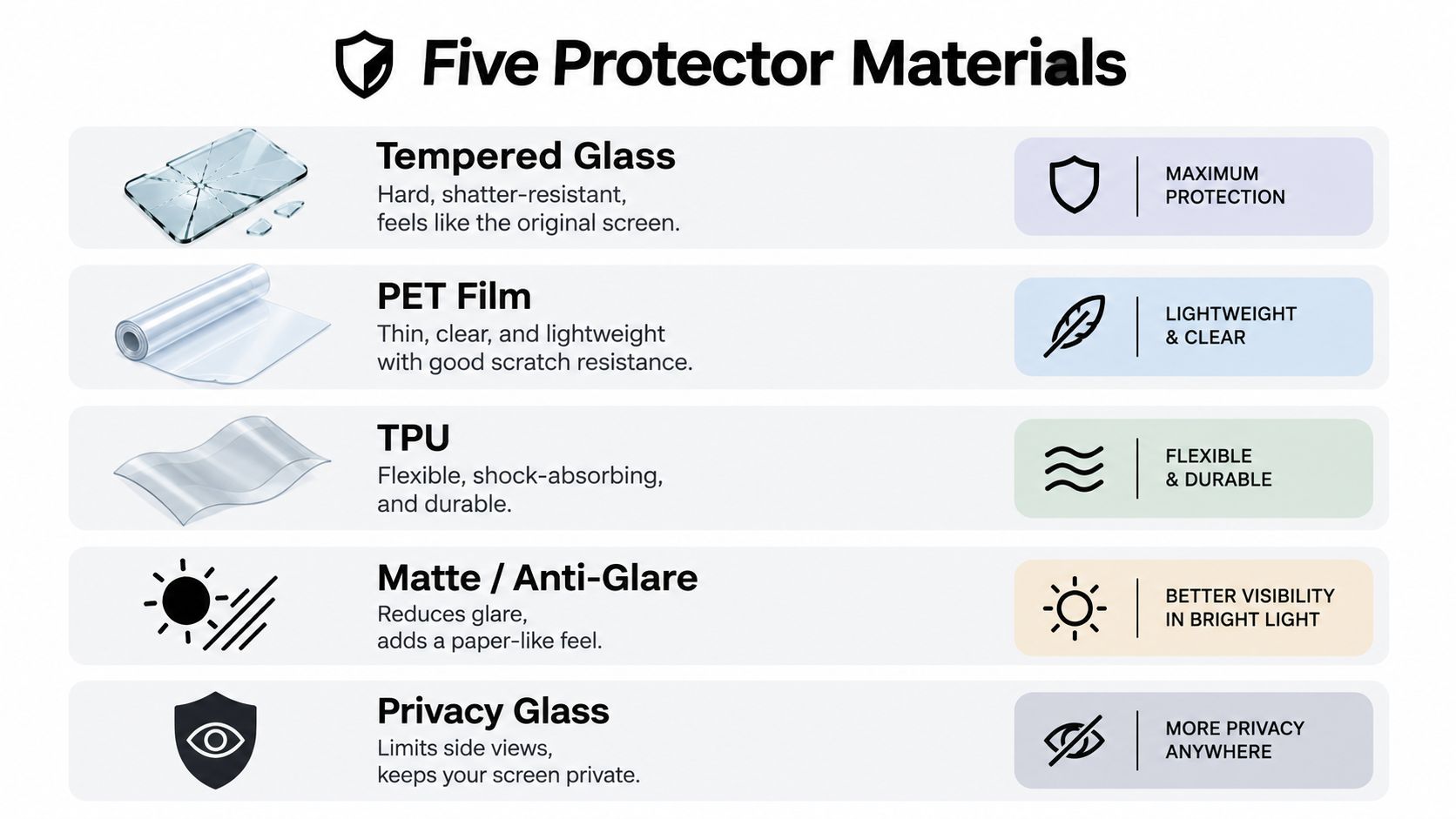 A comparison chart of five common screen protector materials including glass, film, and matte options for devices.