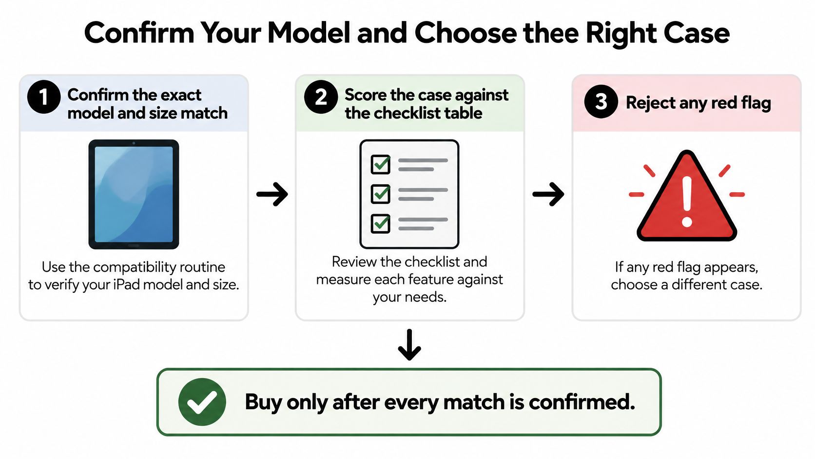 A three-step instructional graphic showing how to confirm an iPad model before buying a protective case.