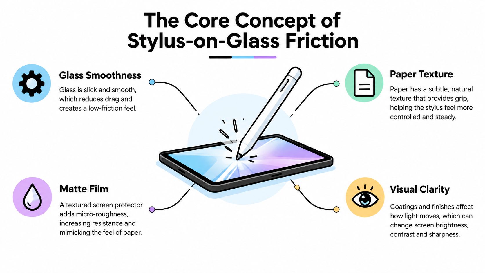 An infographic illustrating the core concepts of stylus-on-glass friction, including screen smoothness, paper texture, matte film, and clarity.